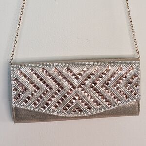 Champagne Rose Gold Rhinestone Chevron Evening Clutch Bag